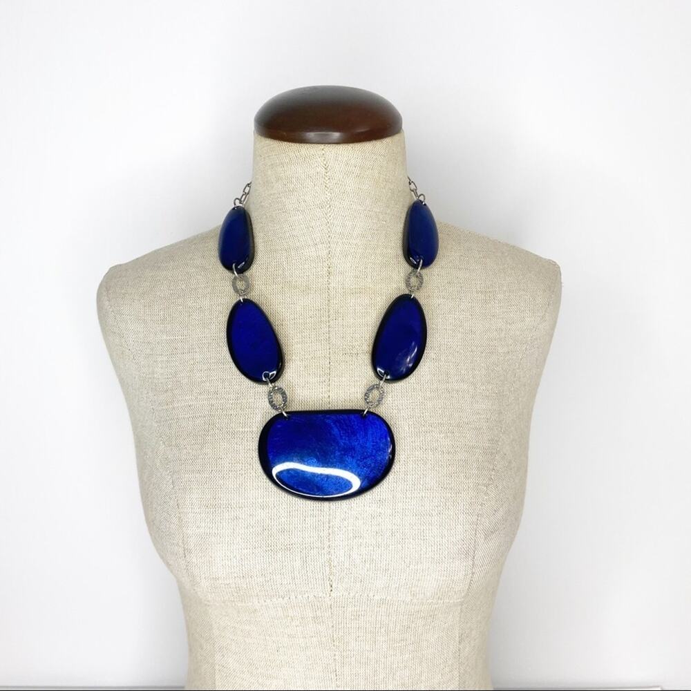 Vintage Blue Resin Or Acetate Large Bead Necklace Hammered Silver tone Chain